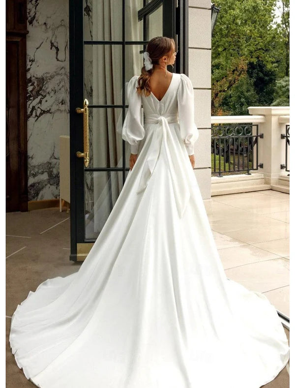Luolandi Wedding Dresses A-Line V Neck Long Sleeve Court Train Chiffon Bridal Gowns With Pleats Solid Color Ivory